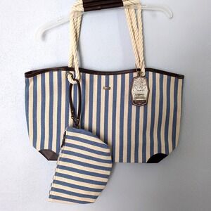 Sun 'N' Sand Tote Womens Blue Striped XL Beach Bag Attached‎ Clutch Canvas NEW
